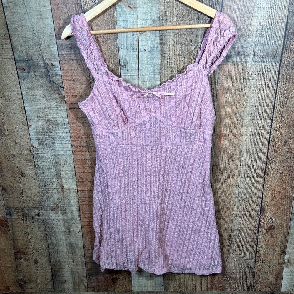 Y2K Pink Pointelle Knit Mini Dress Lace Trim Square Neck Cami Large Coquette